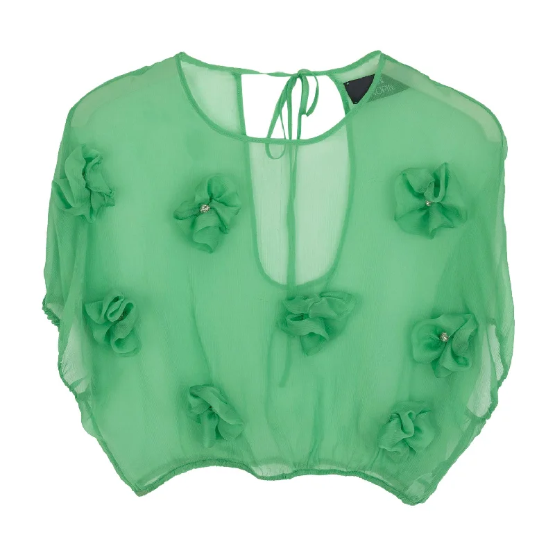 Green Silk Flower Blouse Sweetheart Neck Blouse