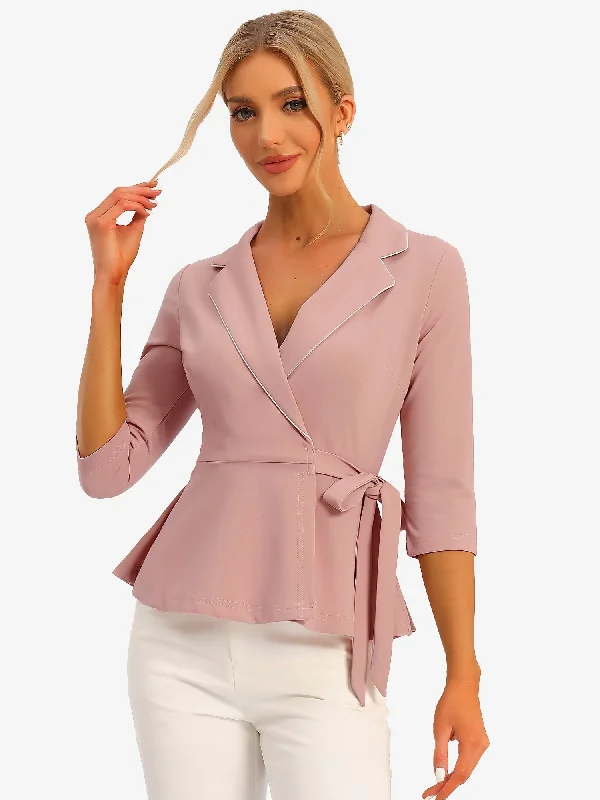 Notch Lapel Collar Tie Waist Wrap Peplum Blouse Classic Striped Blouse