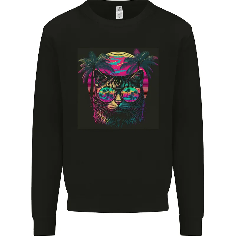 A Cool Retro Cat Mens Sweatshirt Jumper Hoodie with Rolled Sleeves Casual Relaxed