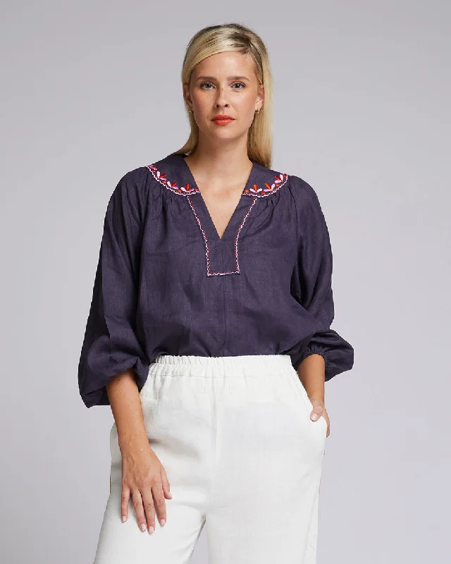 Ava Blouse - Navy Satin Long Blouse
