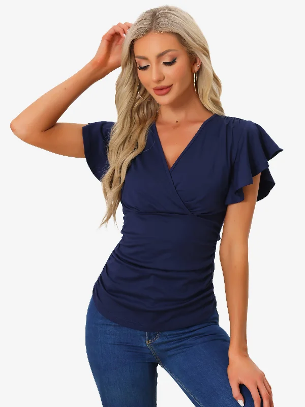 Faux Wrap Blouse Summer V Neck Ruffle Sleeve Casual Top Blouse Peter Pan Collar Blouse