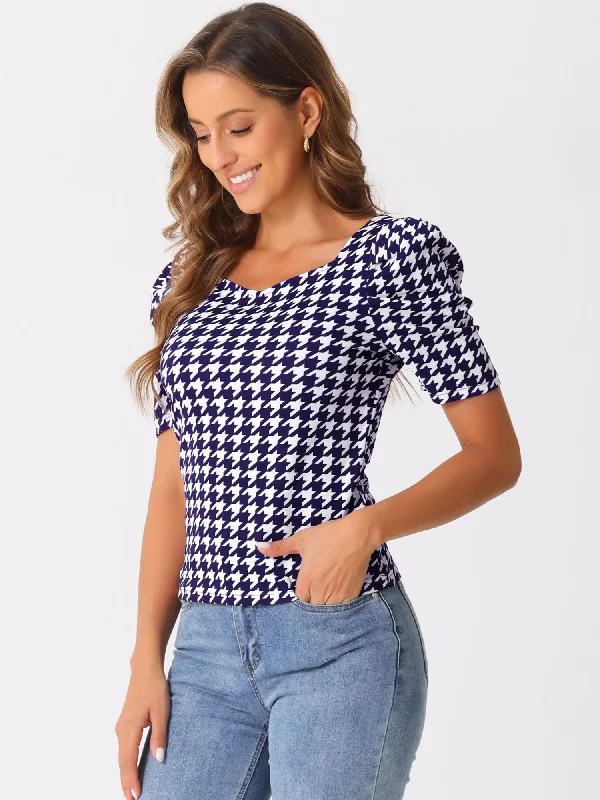 Houndstooth Puff Short Sleeve Square Neck Blouse Polished Work Blouse