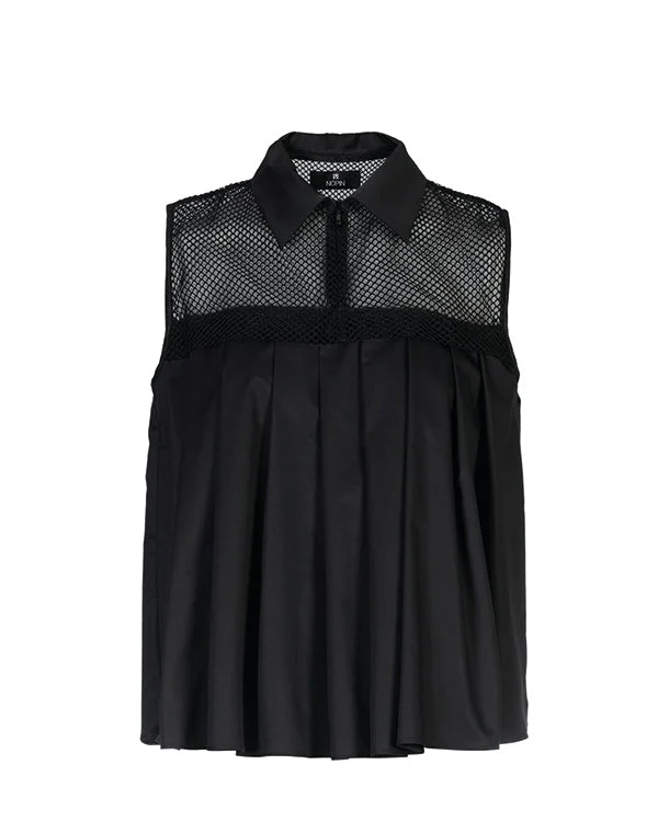 Black Hollow Pleated Blouse with Mesh Feminine Ruffle Blouse