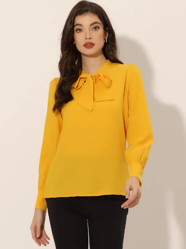 Bow Tie Neck Elegant Top Long Sleeve Solid Work Office Blouse Balloon Sleeve Blouse