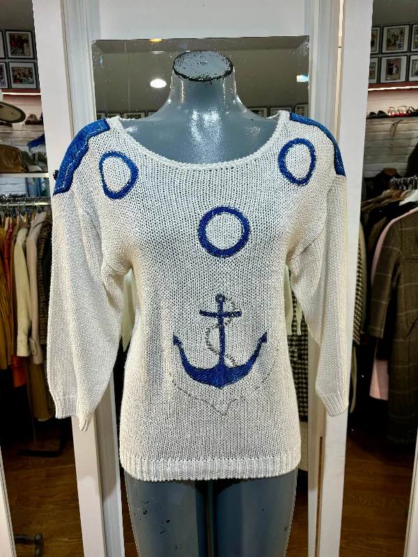 80’s Off White With Denim Patches Nautical Sweater By Māori Bee Terry Terry Cloth Terry Knit 80’s Off White With Denim Patches Nautical Sweater By Māori Bee Terry Terry Cloth Terry Knit