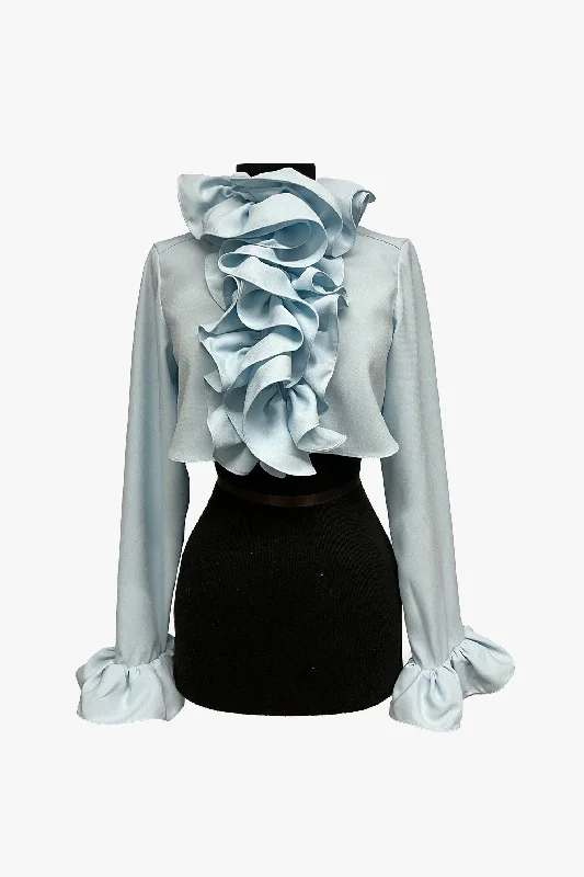 Crepe Ruffle Cropped Blouse Short Sleeve Blouse