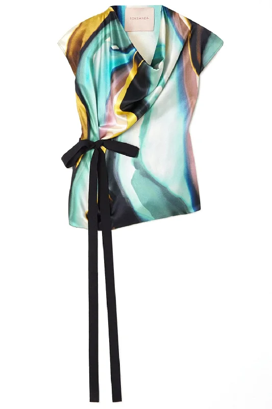 Andriya Sleeveless Printed Blouse Ruched Sleeve Blouse