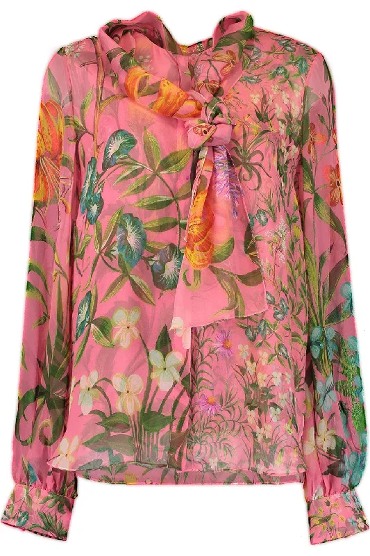 Floral Tap Silk Twill Tie Neck Blouse Chic Off-Shoulder Blouse