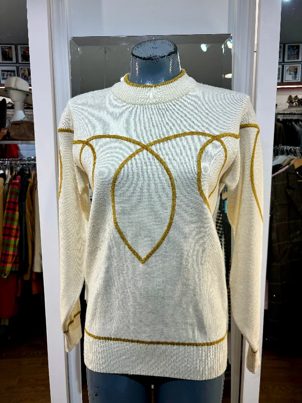 90’s Beige & Mustard Trim Design Crew Neck Sweater By Descente Graphic Sweater Embroidered Appliqued 90’s Beige & Mustard Trim Design Crew Neck Sweater By Descente Graphic Sweater Embroidered Appliqued