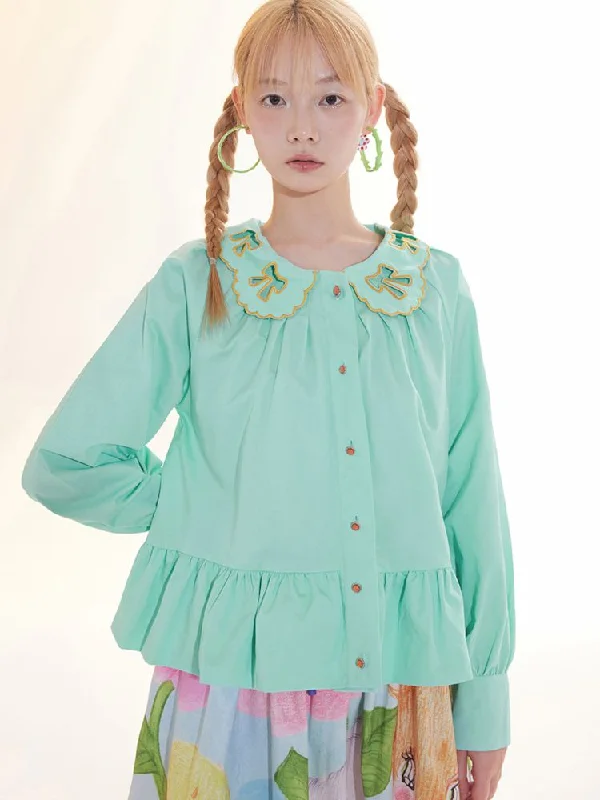 Bow Embroidered Long Sleeve Blouse【s0000009776】 Lightweight Floral Blouse