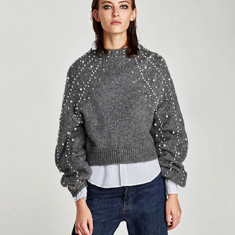 gray knitted boho sweater 2017 winter dot Pearl decoration lantern long sleeve loose hooded loose Hippie women sweater pullovers Tailored Straight A-Line