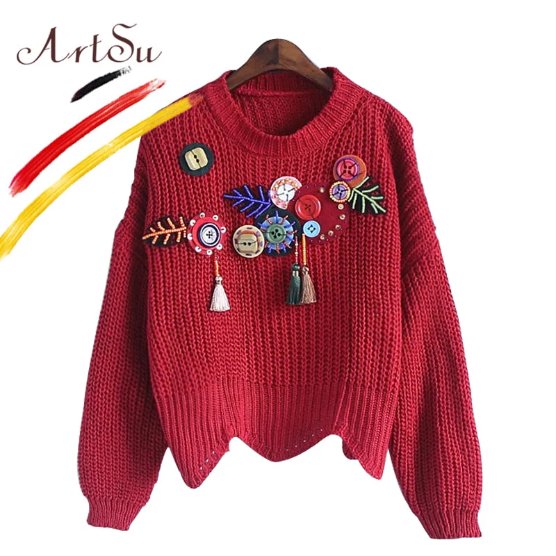ArtSu 2017 Boho Vintage Knitted Sweater Pullover For Women Autumn Appliques Round Neck Long Sleeve Jumper Pull Femme ASSW20135 Fleece Fabric Down Fabric Feather Fabric ArtSu 2017 Boho Vintage Knitted Sweater Pullover For Women Autumn Appliques Round Neck Long Sleeve Jumper Pull Femme ASSW20135 Fleece Fabric Down Fabric Feather Fabric