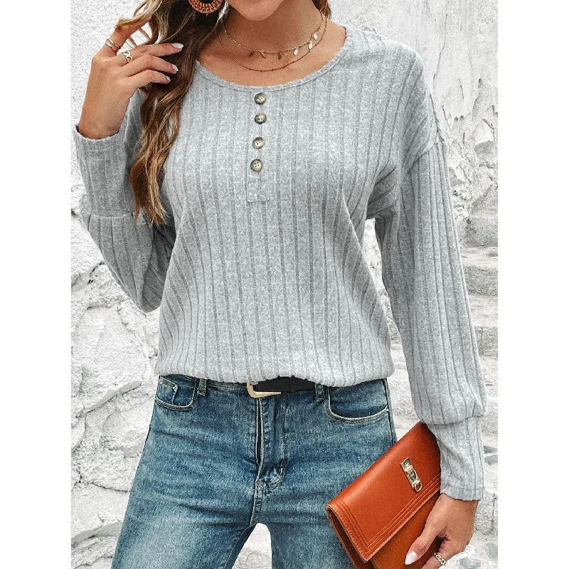 Round Neck Solid Color Button Women Blouse QX23683 Feminine Pastel Blouse