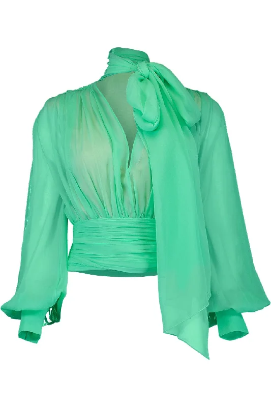 Long Sleeve Chiffon Tie Neck Blouse Classic Striped Blouse