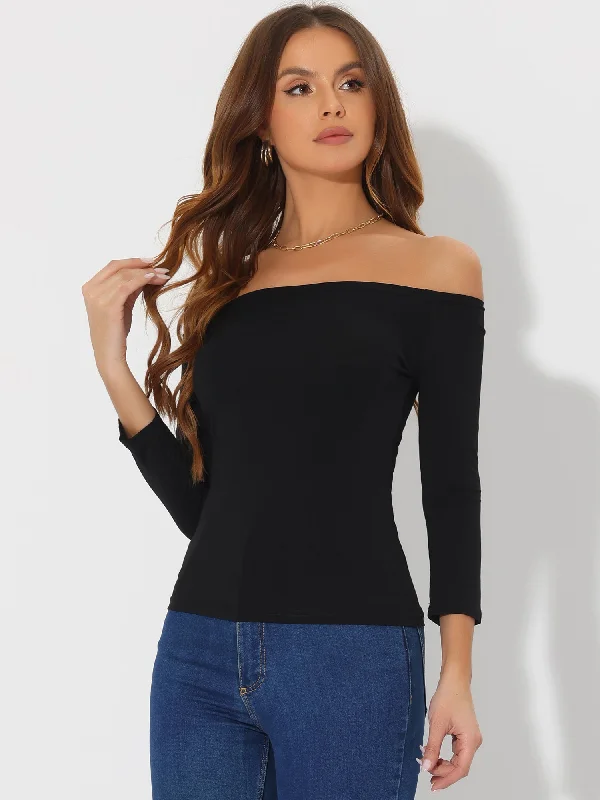 Off Shoulder 3/4 Sleeves Solid Color Casual Blouse Tops Satin Drape Blouse