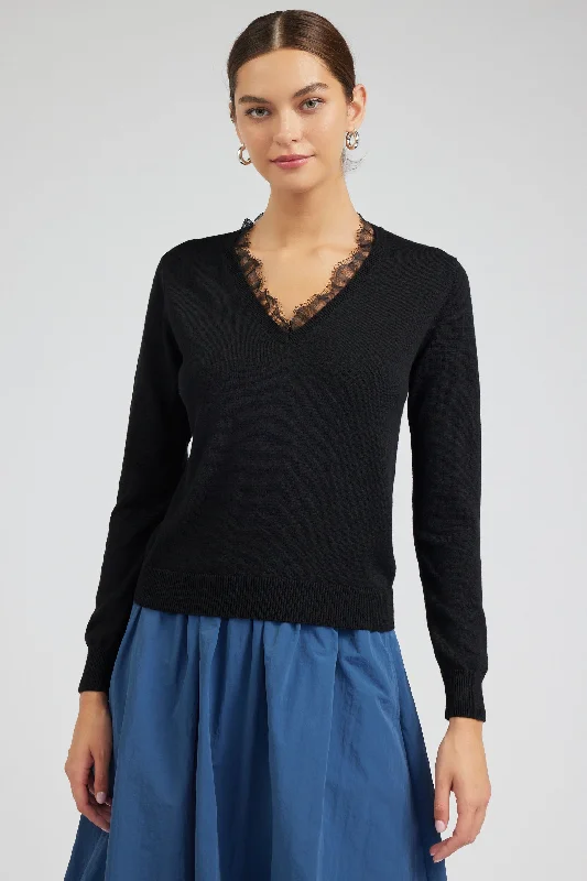 NYLAND Aspen V-Neck Lace Detail Sweater Elegant Classic Vintage