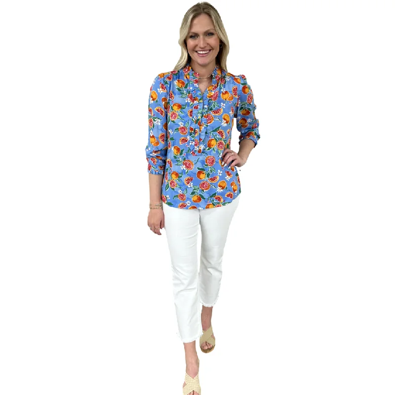 The Carrie Fresh Squeezed Orange Print Blouse in Periwinkle Blue Mandarin Collar Blouse The Carrie Fresh Squeezed Orange Print Blouse in Periwinkle Blue Mandarin Collar Blouse