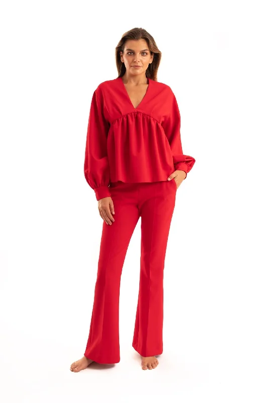Red Balone Blouse - NOPIN Satin Drape Blouse