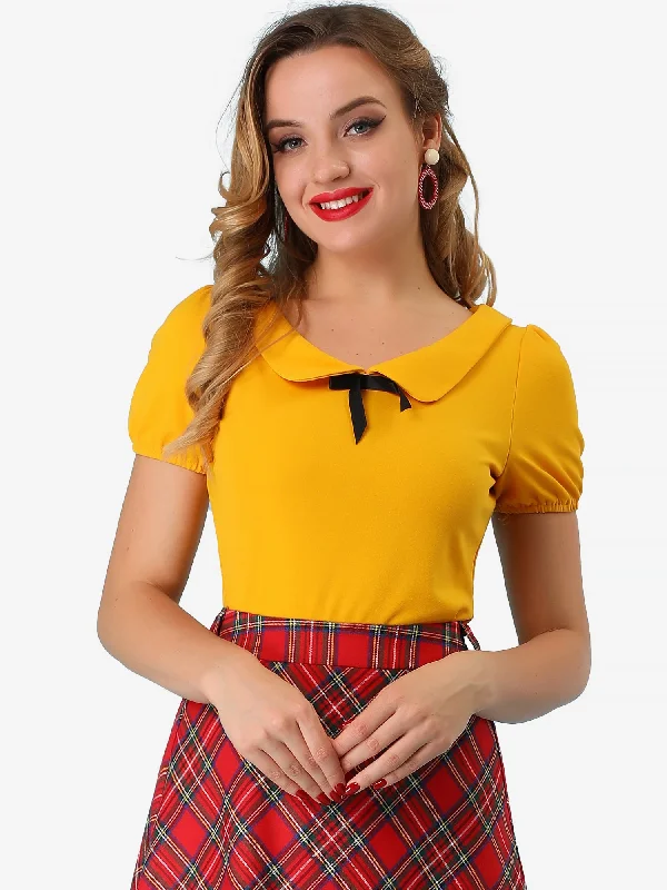 Bow Neck Solid Short Sleeve Peter Pan Collar Blouse Mandarin Collar Blouse