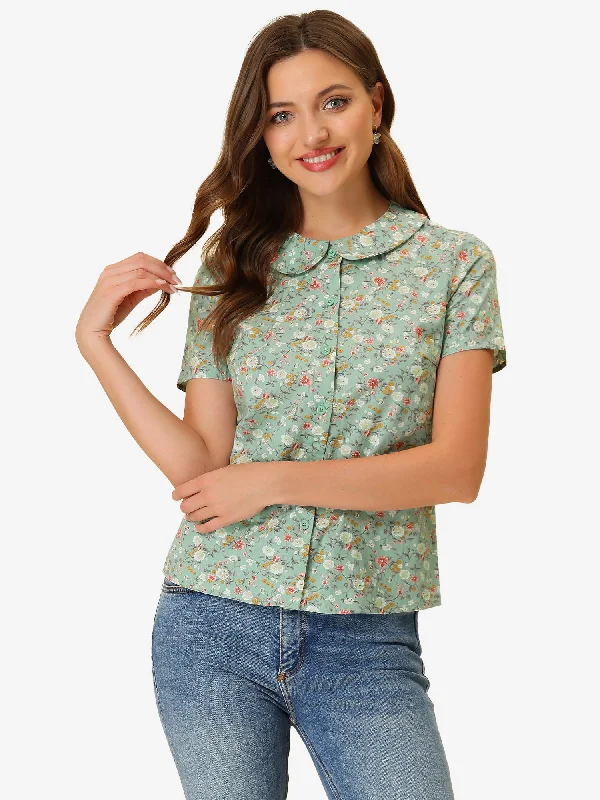 Summer Peter Pan Collar Button Front Vintage Floral Print Blouse Collared Satin Blouse