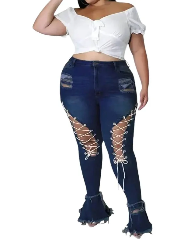 Lace Up Jeans In Dark Blue Trendy Low-Rise Slim Jeans
