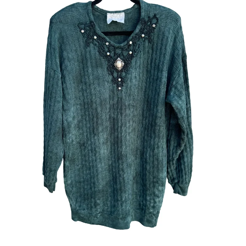 Vintage Womens Green Tie Dye Knit Embroidered Lace Pearl Cottage Granny Sweater XL Sweater Knitwear Pullover Vintage Womens Green Tie Dye Knit Embroidered Lace Pearl Cottage Granny Sweater XL Sweater Knitwear Pullover
