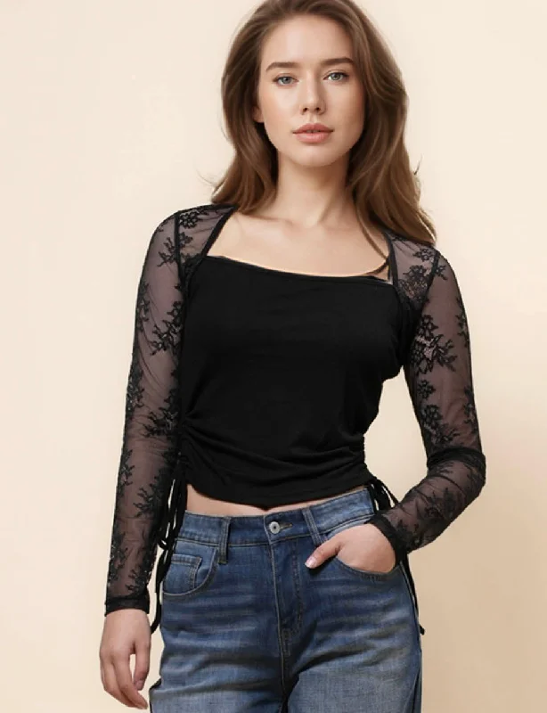 Ladies Square Neck Floral Lace Sleeves Blouse SKT4992 Double Button Blouse