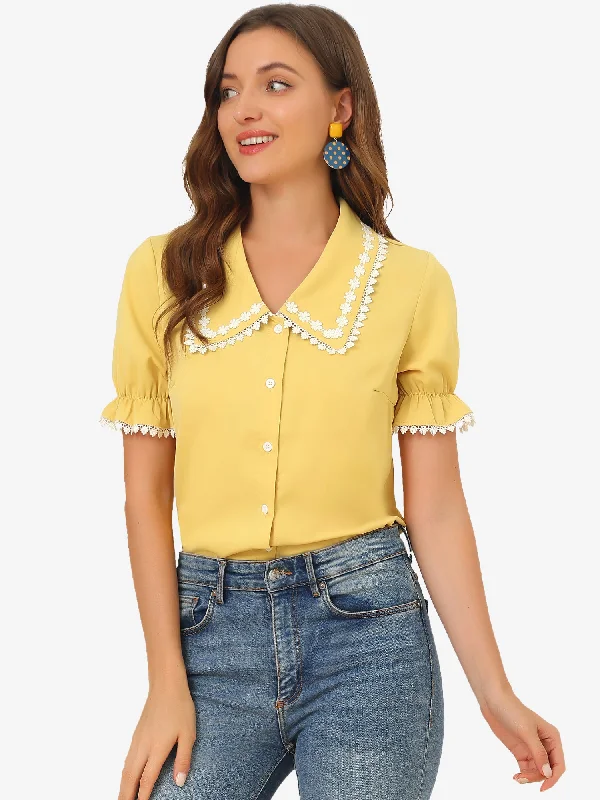 Sweet Peter Pan Contrast Collar Short Sleeve Button Up Blouse Tops Office Formal Blouse Sweet Peter Pan Contrast Collar Short Sleeve Button Up Blouse Tops Office Formal Blouse