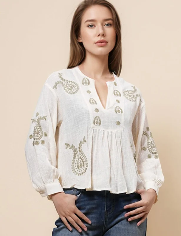 Ladies Casual Cotton Embroidery Blouse Shirt SKT4844 Semi-Sheer Blouse