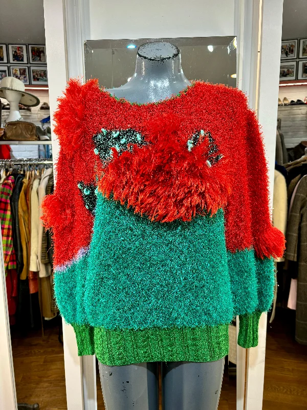 80’s Green & Red Holiday Sweater Solid Color Striped Floral Print
