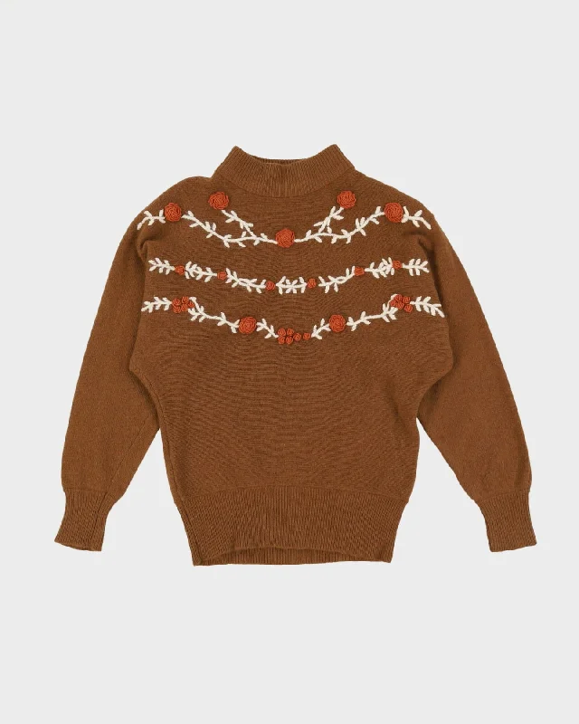 1980s Brown Patterned Batwing Knitted Jumper - M Beaded Sweater Sequined Faux Fur