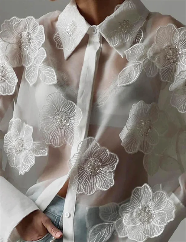 Ladies 3D Floral Embroidered Sheer Blouse SXT068034 Elegant Lace Blouse