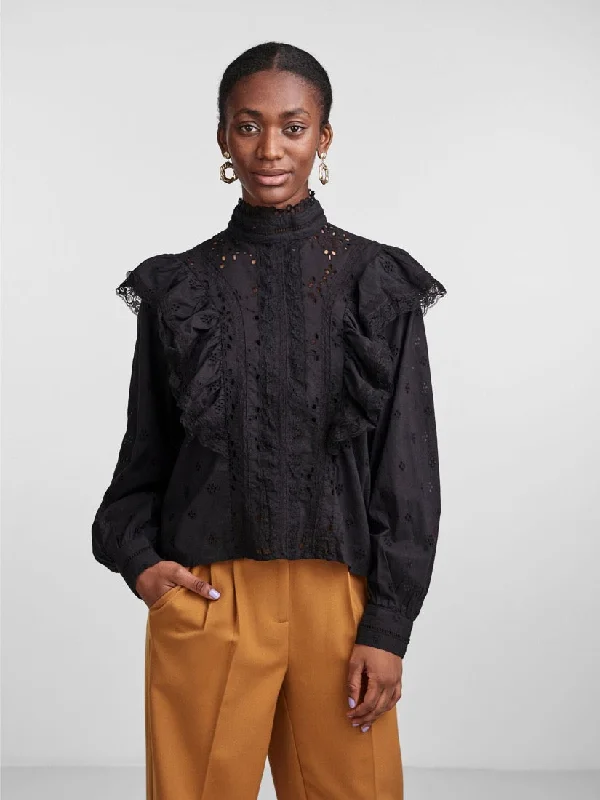 Motana High Neck Blouse Black Frilled Cuff Blouse