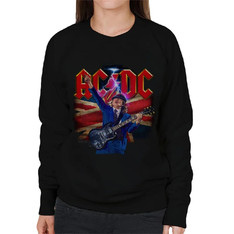 AC/DC Logo Angus Young Union Flag Lightning Women's Sweatshirt Hoodie with Distressed Vintage Worn AC/DC Logo Angus Young Union Flag Lightning Women's Sweatshirt Hoodie with Distressed Vintage Worn
