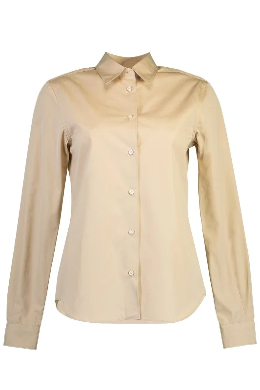 Long Sleeve Cotton Blouse - Beige Soft Satin Blouse