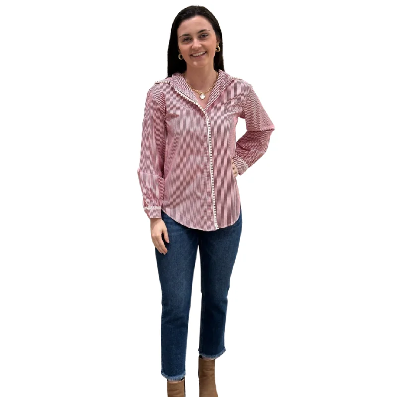 The Polly Pearl Trimmed Blouse in Red and White Stripe Loose Oversized Blouse