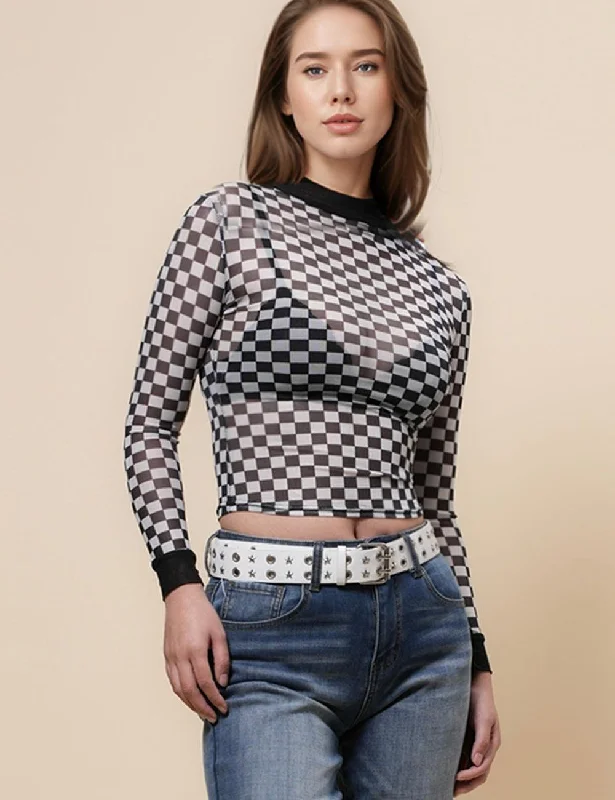 Ladies Color Block Mesh Blouse Grid Print See Sheer Layring Top SKT4938 Collared Satin Blouse