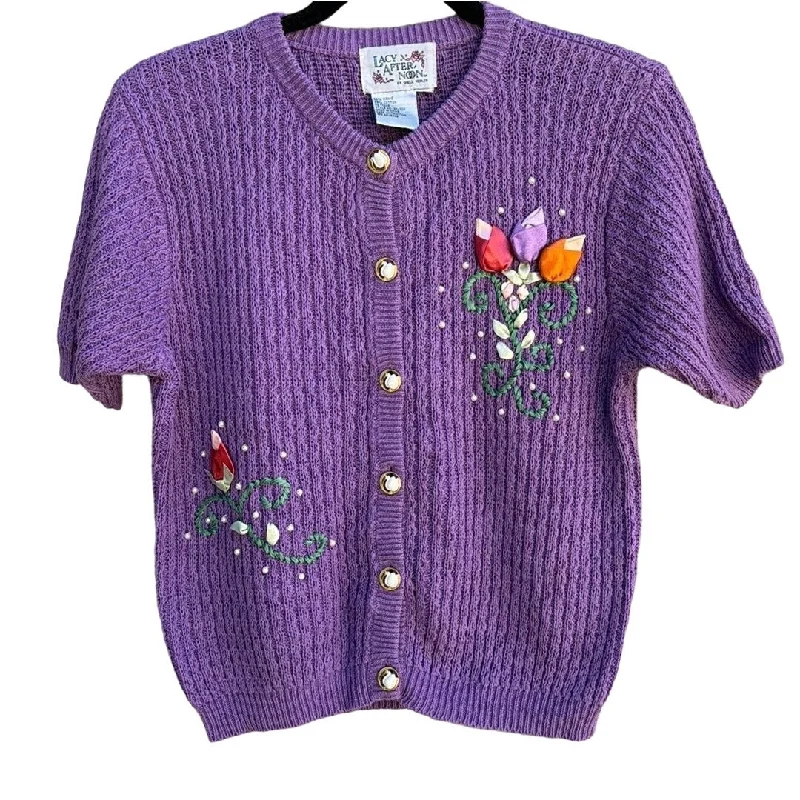 Lacy Afternoon Women's Purple Floral Embroidery Cottage Granny Cardigan Sweater Bright Pastel Dark Lacy Afternoon Women's Purple Floral Embroidery Cottage Granny Cardigan Sweater Bright Pastel Dark