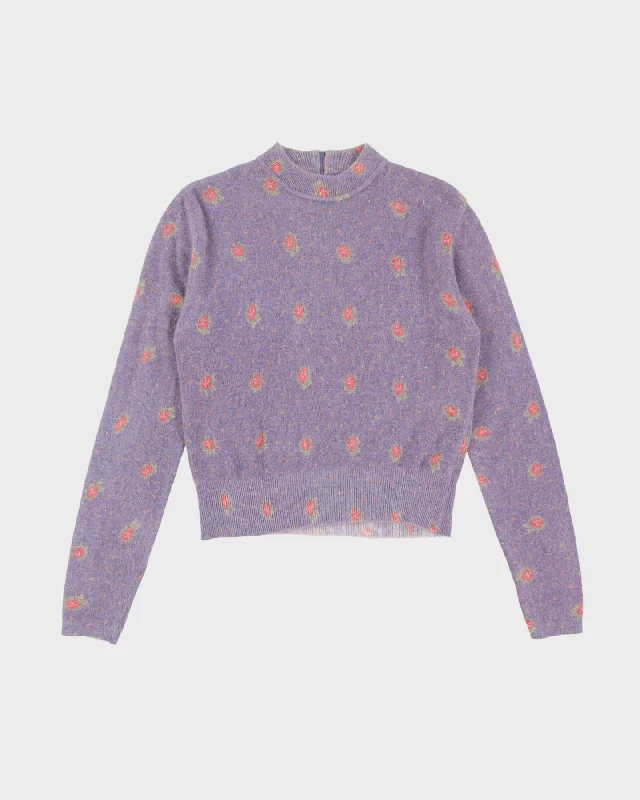 Vintage Lilac With Pink Roses Knitted Jumper - S Open Front Closed Front Wrap Front