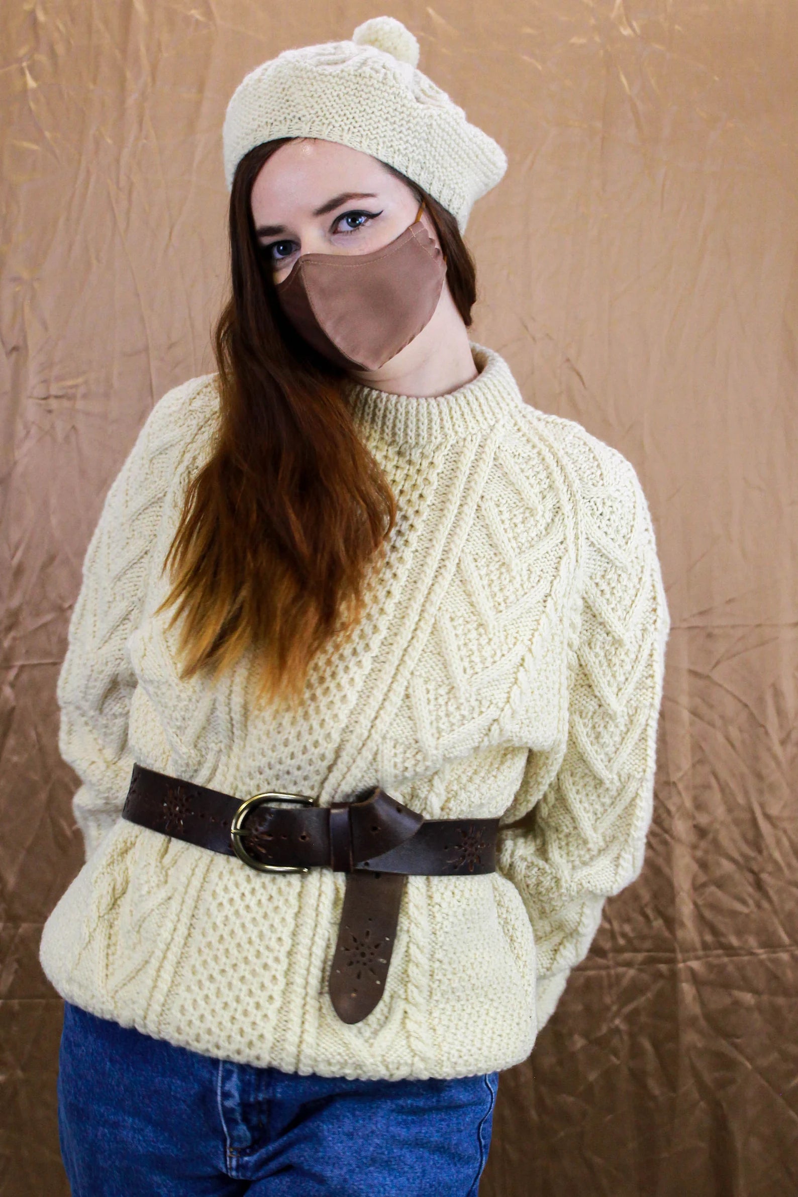 Vintage 1960s/70s Báinín Wool Aran Fisherman Sweater and Matching Knit Tam/ Beret, Hand Knit in Ireland, Carbery Seamless Knitted Crochet Vintage 1960s/70s Báinín Wool Aran Fisherman Sweater and Matching Knit Tam/ Beret, Hand Knit in Ireland, Carbery Seamless Knitted Crochet