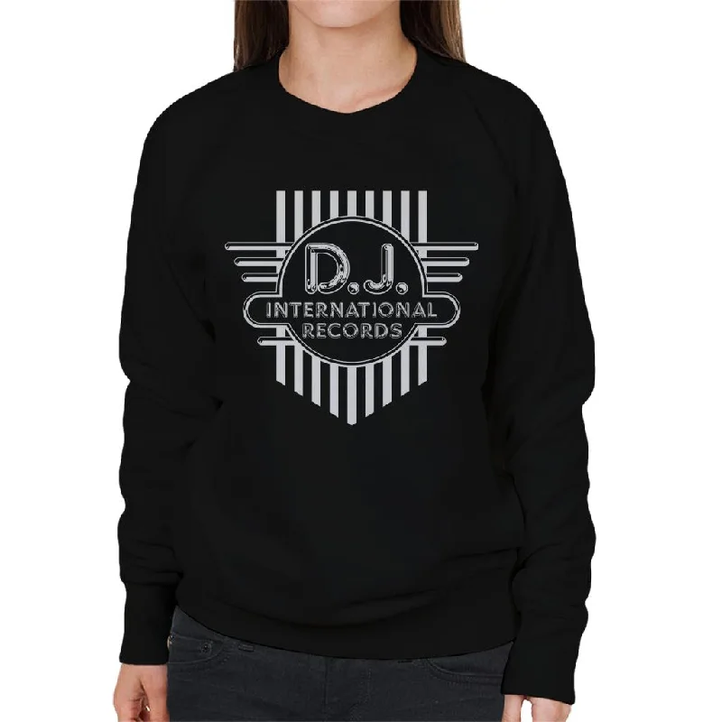DJ International Records Cross Logo Women's Sweatshirt Hoodie with Rolled Sleeves Casual Relaxed DJ International Records Cross Logo Women's Sweatshirt Hoodie with Rolled Sleeves Casual Relaxed