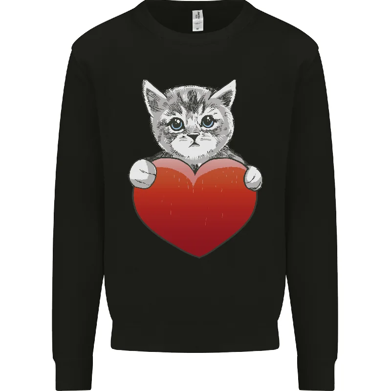 A Cute Cat With a Heart Love Valentines Day Mens Sweatshirt Jumper Hoodie with Slit Hem Functional Movement A Cute Cat With a Heart Love Valentines Day Mens Sweatshirt Jumper Hoodie with Slit Hem Functional Movement