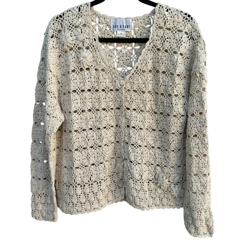 David Dart Vintage Womens Tan Crochet Floral Pearlized Button Cardigan Sweater XL Wool Fabric Cashmere Fabric Tweed Fabric