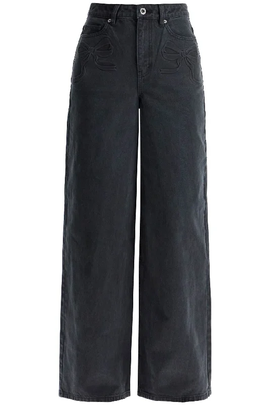 Self Portrait Women's Straight Jeans With Bows Casual Light Wash Jeans