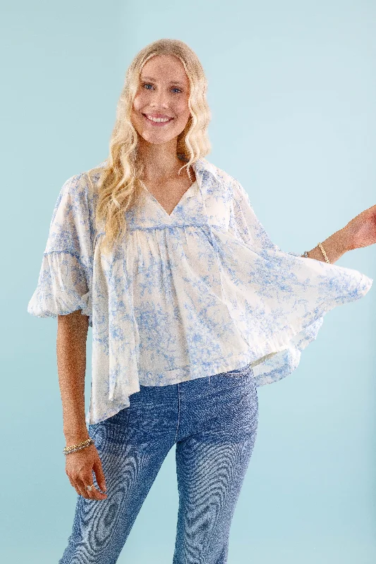 Listen To the Wind Blouse-Blue Cotton Casual Blouse