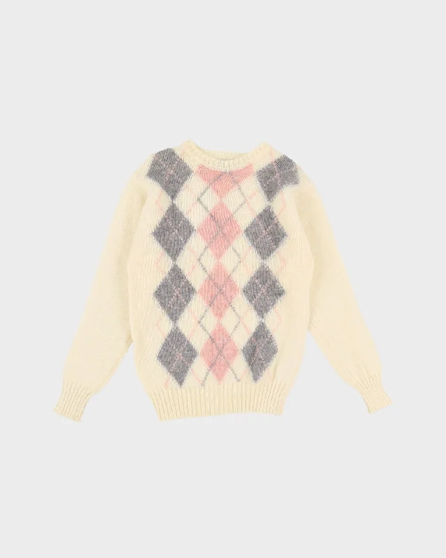 1980s Cream With Pink Diamond Patterned Knitted Jumper - XXS Lightweight Heavyweight Midweight 1980s Cream With Pink Diamond Patterned Knitted Jumper - XXS Lightweight Heavyweight Midweight