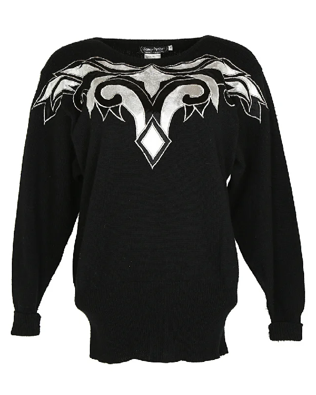 1980s Black & Silver Jumper - M Real Fur Shearling Chenille