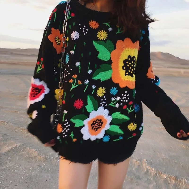 Boho Winter Sweater for Women Black Retro Vintage Runway Flowers Embroidery Sweater Warm Loose Knitted Jumper Womens Sweaters Slim Fit Regular Fit Oversized Boho Winter Sweater for Women Black Retro Vintage Runway Flowers Embroidery Sweater Warm Loose Knitted Jumper Womens Sweaters Slim Fit Regular Fit Oversized