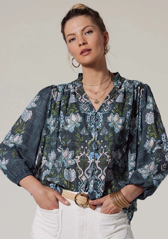 Lucca Blouse - Indigo Multi Casual Button Blouse