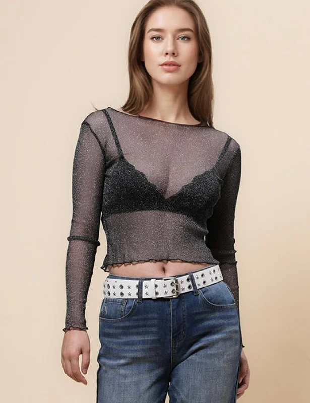 Ladies Solid Color Blouse See Sheer Layring Top SKT4939 Double Button Blouse